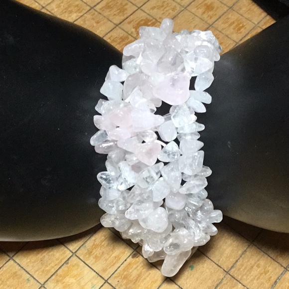 Semiprecious Stone Crystal Soft Pink Quartz 6”L x 1.25”W Elastic Bracelet EVC - Picture 1 of 9